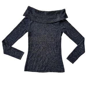 Cache Off-Shoulder Cowl Neck Knit Metallic Sweater Small Black Gold Stretchy